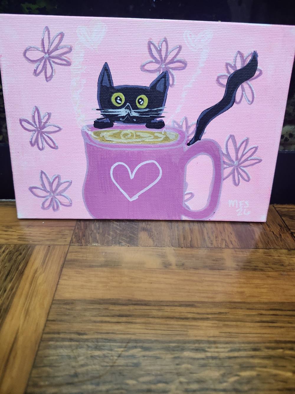 Handpainted Acrylic Painting On Canvas |Black Cat Peeking Over Coffee Cup| 5x7